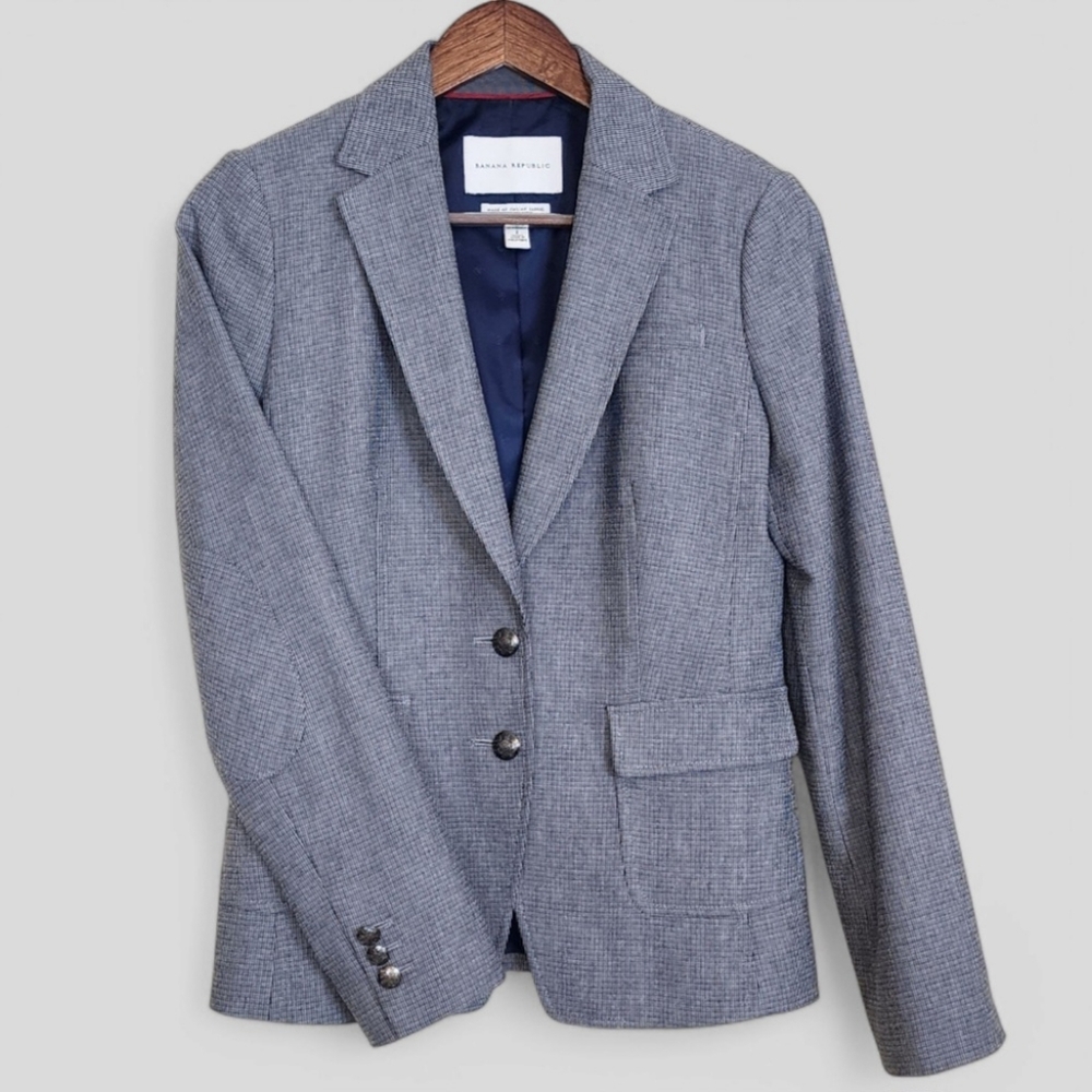 Banana Republic Italian Fabric Blazer Size 2 Grey Houndstooth Elbow Patch Jacket
